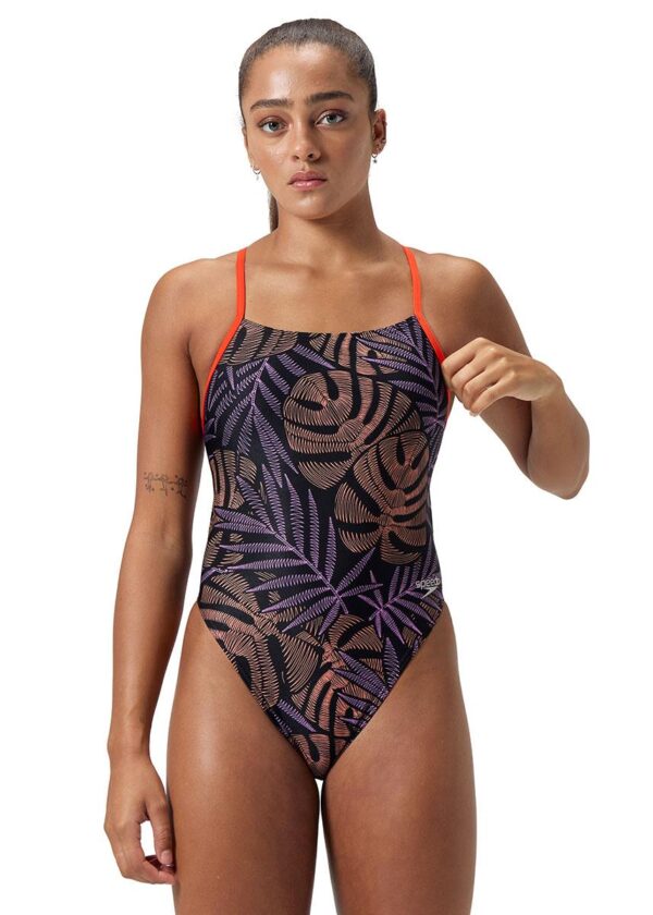 Speedo Club Training Allover Printed Tie Back Swimsuit - Black / Red