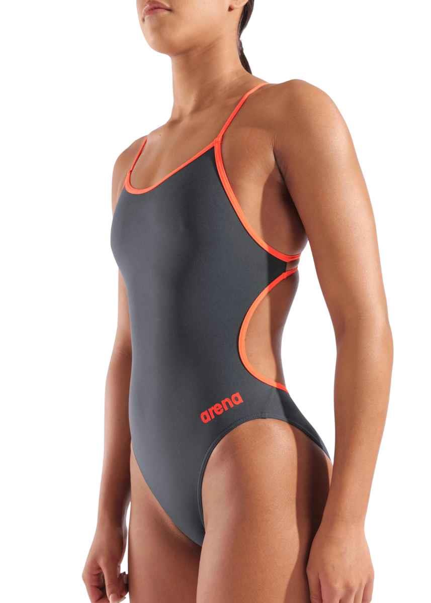 Arena Solid Lace Back Swimsuit - Asphalt / Bright Coral-630975