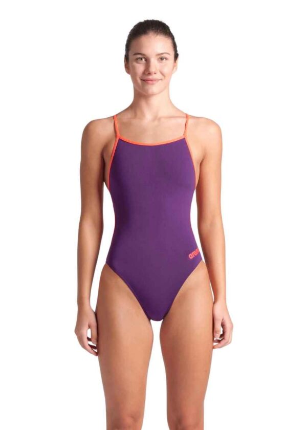 Arena Solid Lace Back Swimsuit - Plum / Bright Coral-0