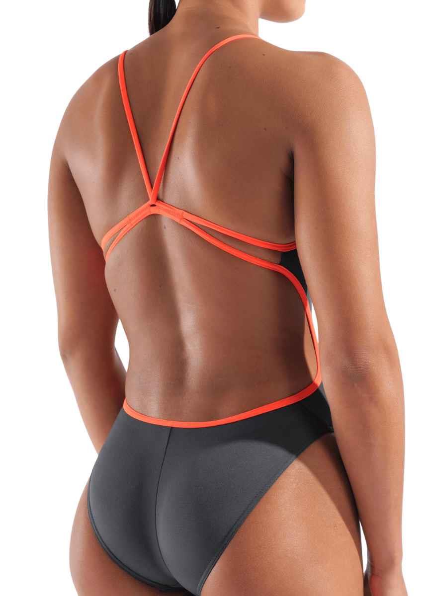 Arena Solid Lace Back Swimsuit - Asphalt / Bright Coral-brand