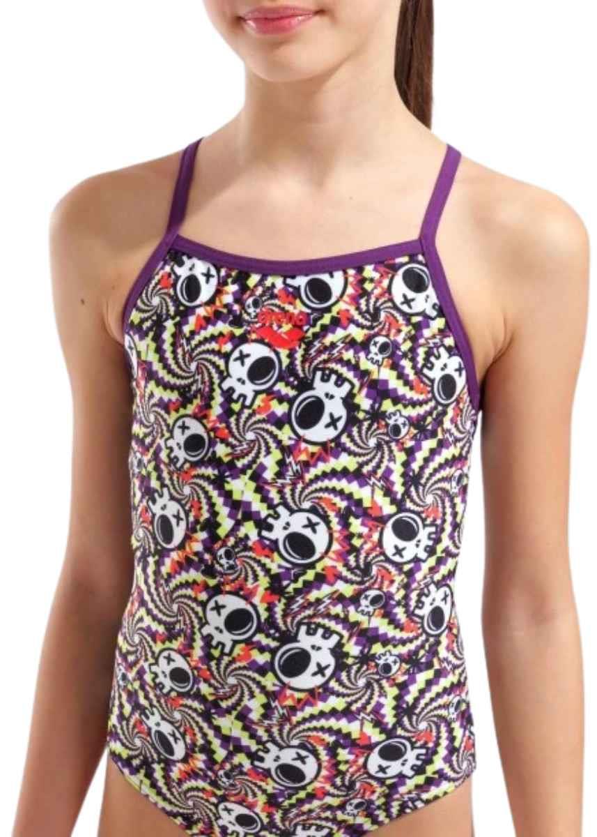 Arena Girl's Fun Skulls Lightdrop Back Swimsuit - Multi / Black / Plum-631246