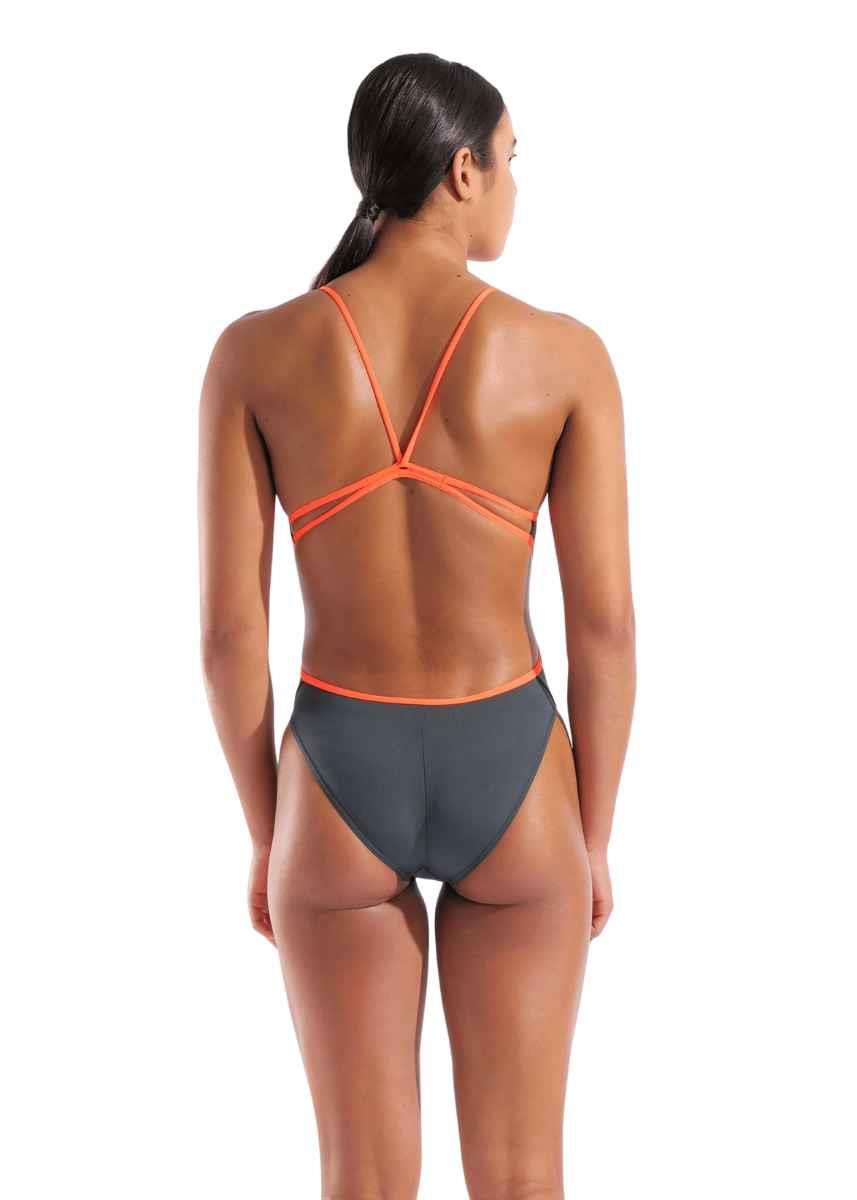 Arena Solid Lace Back Swimsuit - Asphalt / Bright Coral-630973