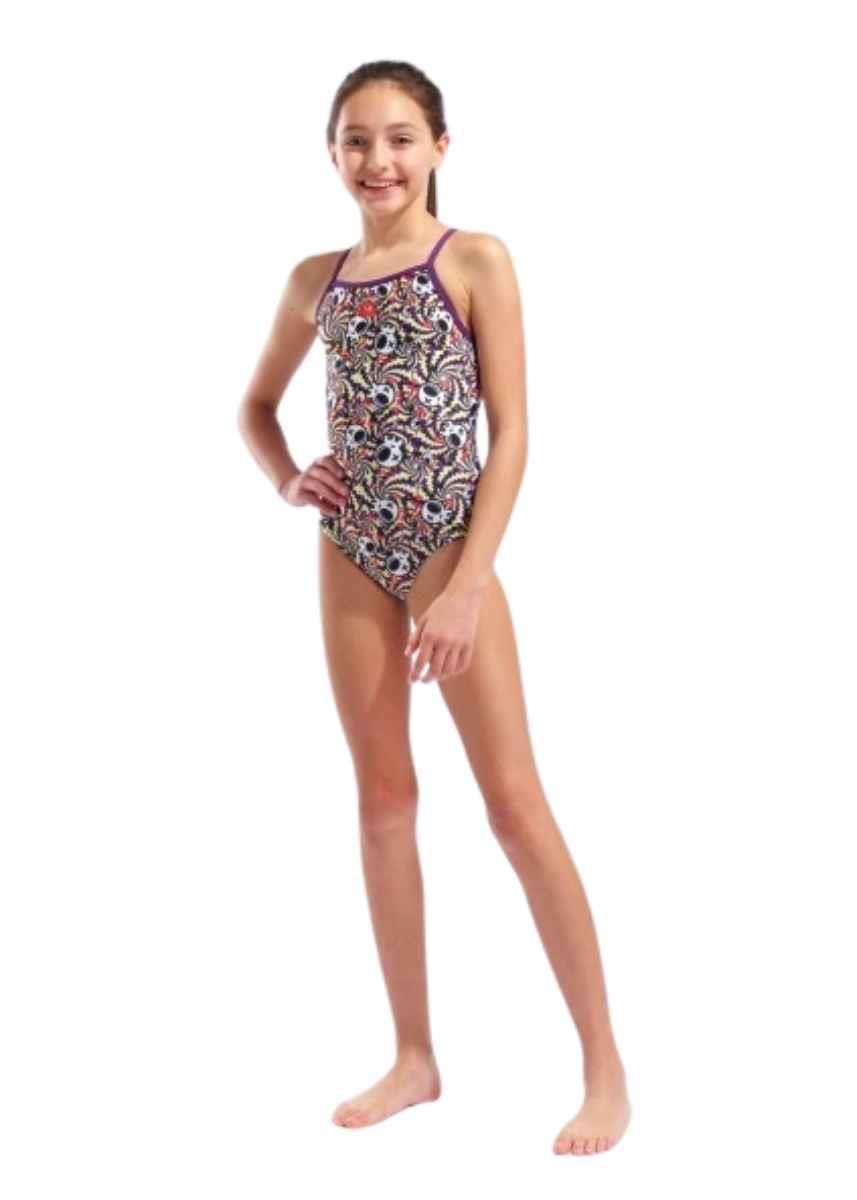 Arena Girl's Fun Skulls Lightdrop Back Swimsuit - Multi / Black / Plum-631245