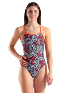 Arena Womens Geometry Swim Booster Back Swimsuit - Multi / Black / Bright Coral