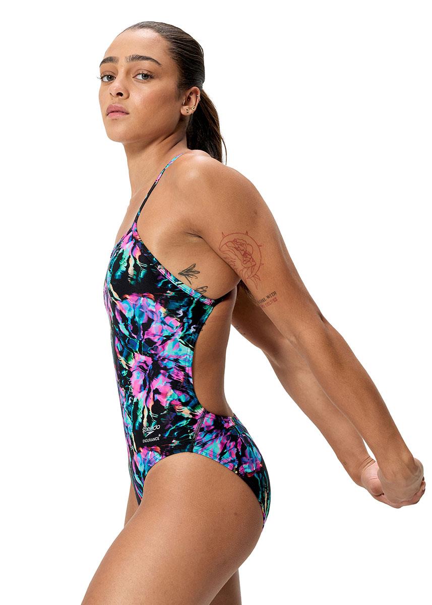 Speedo Womens Printed V-Back 2.0 Swimsuit - Black / Purple-633242