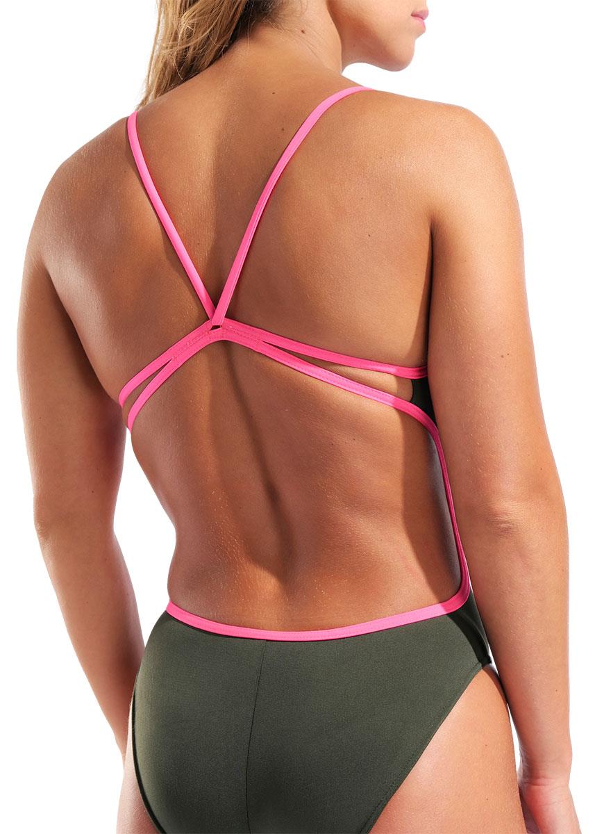 Arena Solid Lace Back Swimsuit - Sage / Pink-632993