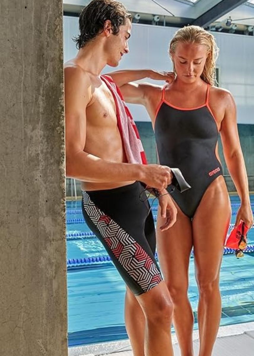 Arena Solid Lace Back Swimsuit - Asphalt / Bright Coral - Image 2