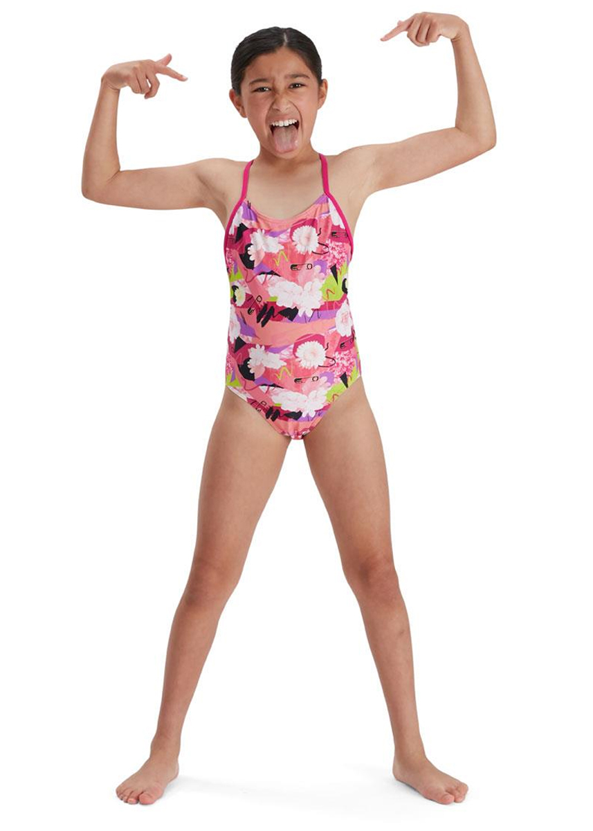 Speedo Girl's Punk Floral Lane Line Back Swimsuit - Pink/ White/ Black/ Lime - Image 3